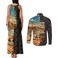 Djibouti Desert Landscape Tadjoura Couples Matching Tank Maxi Dress and Long Sleeve Button Shirt with Camel Riders and Tribal Pattern Design