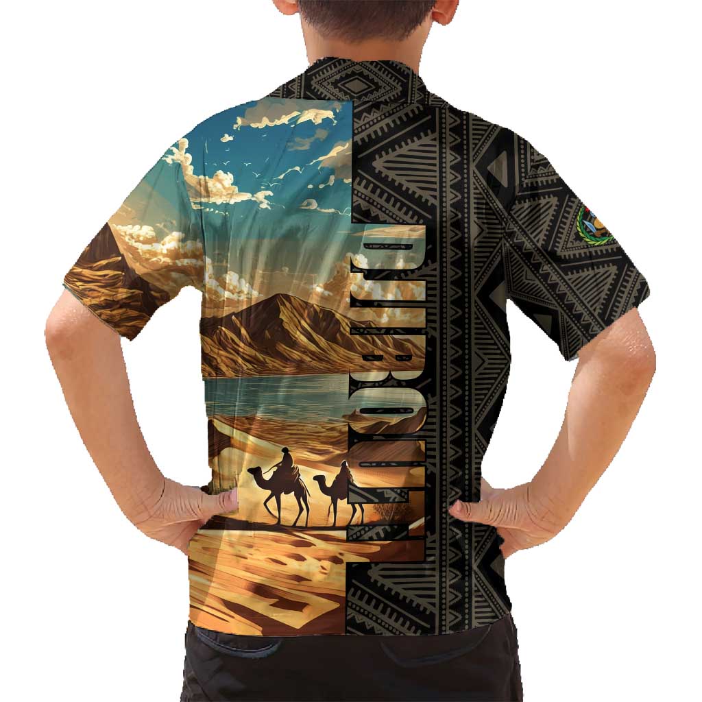 Djibouti Desert Landscape Tadjoura Family Matching Long Sleeve Bodycon Dress and Hawaiian Shirt with Camel Riders and Tribal Pattern Design