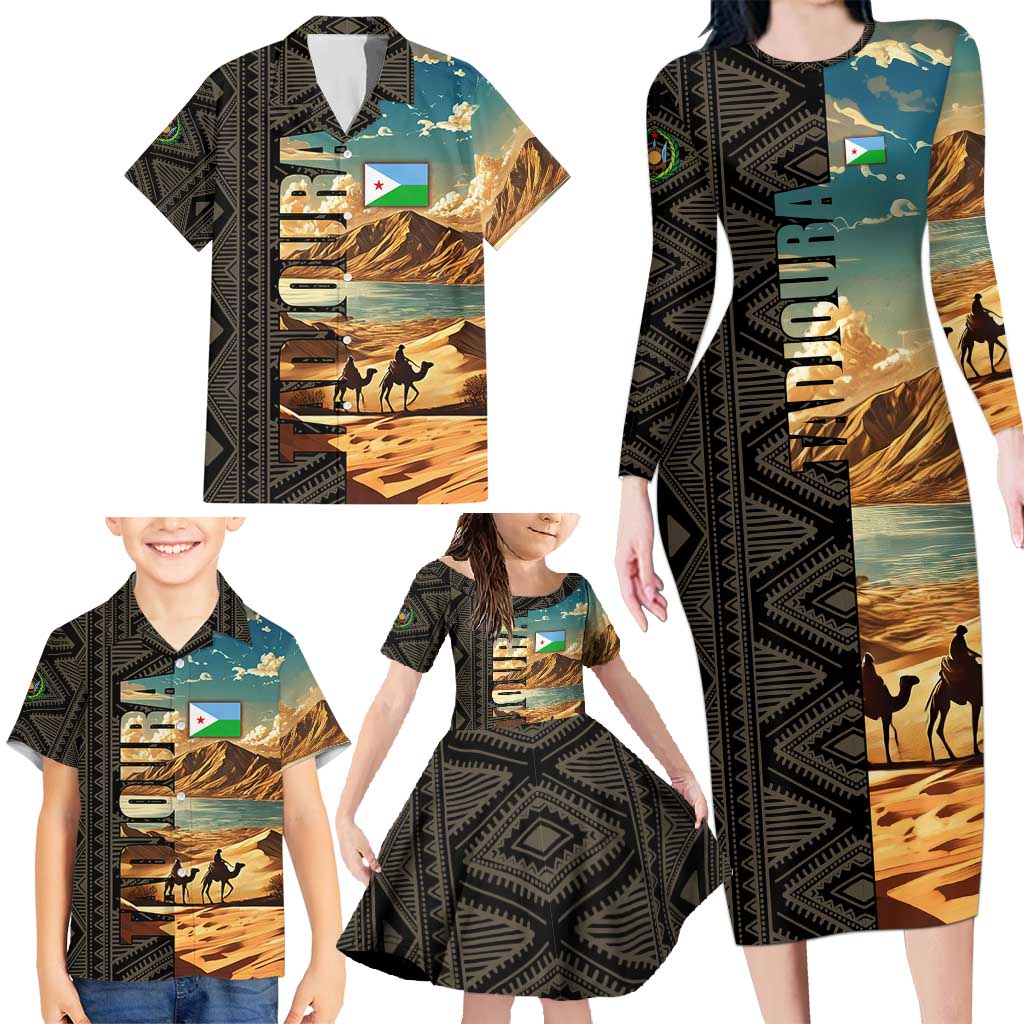 Djibouti Desert Landscape Tadjoura Family Matching Long Sleeve Bodycon Dress and Hawaiian Shirt with Camel Riders and Tribal Pattern Design