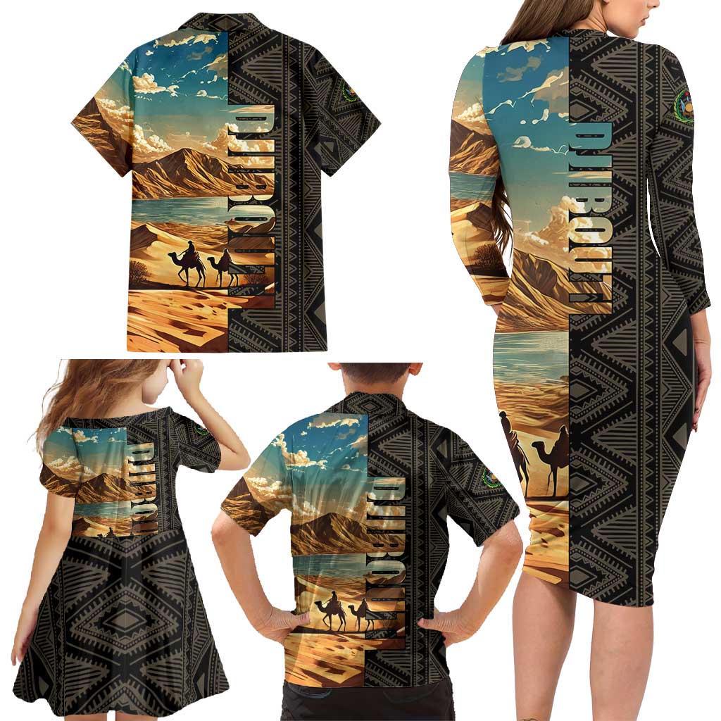 Djibouti Desert Landscape Tadjoura Family Matching Long Sleeve Bodycon Dress and Hawaiian Shirt with Camel Riders and Tribal Pattern Design