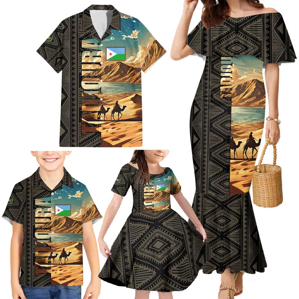Djibouti Desert Landscape Tadjoura Family Matching Mermaid Dress and Hawaiian Shirt with Camel Riders and Tribal Pattern Design