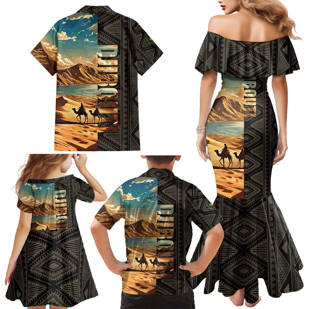 Djibouti Desert Landscape Tadjoura Family Matching Mermaid Dress and Hawaiian Shirt with Camel Riders and Tribal Pattern Design