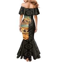 Djibouti Desert Landscape Tadjoura Family Matching Mermaid Dress and Hawaiian Shirt with Camel Riders and Tribal Pattern Design