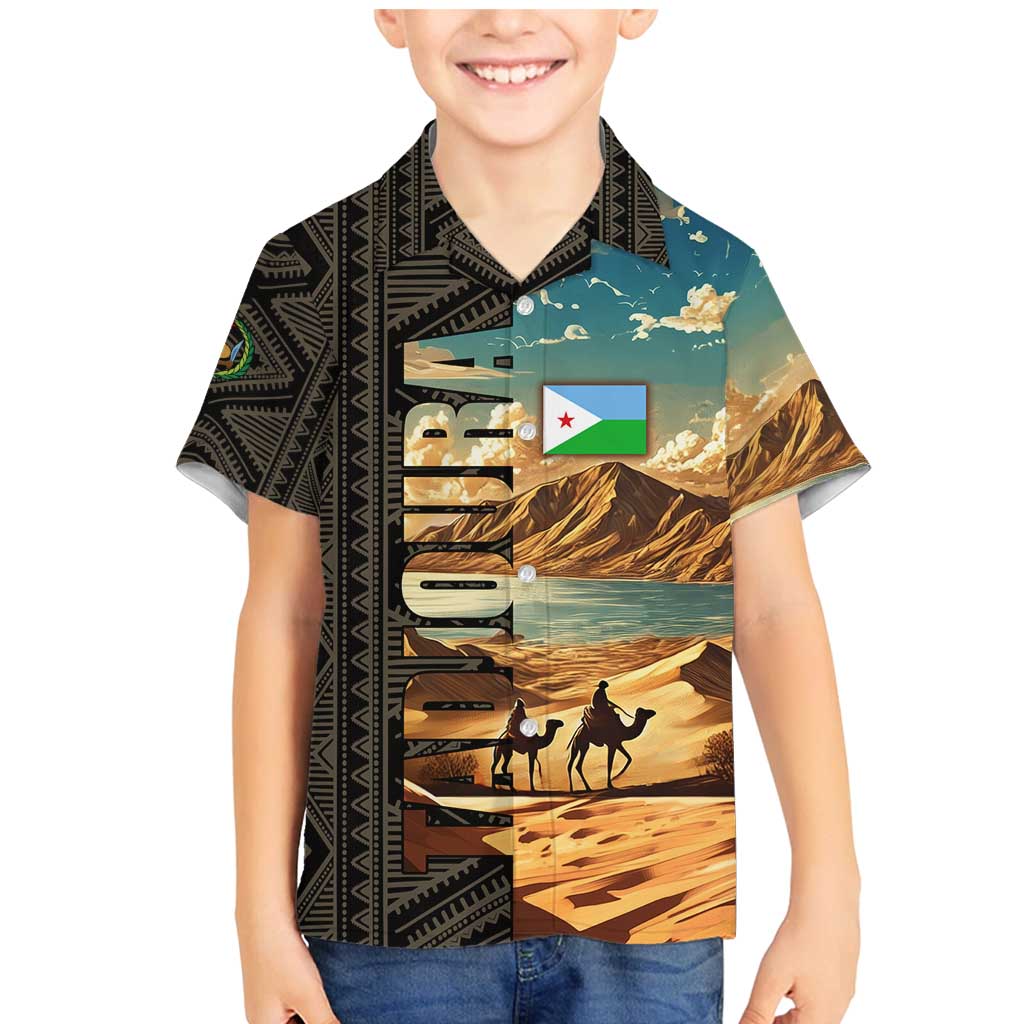Djibouti Desert Landscape Tadjoura Family Matching Mermaid Dress and Hawaiian Shirt with Camel Riders and Tribal Pattern Design