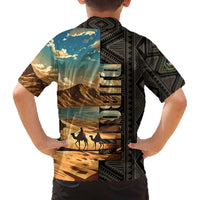 Djibouti Desert Landscape Tadjoura Family Matching Off The Shoulder Long Sleeve Dress and Hawaiian Shirt with Camel Riders and Tribal Pattern Design