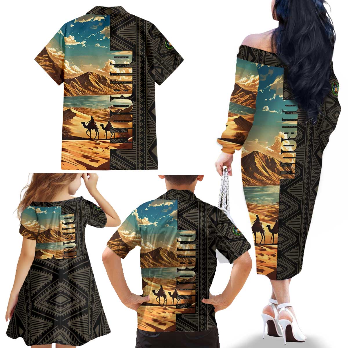 Djibouti Desert Landscape Tadjoura Family Matching Off The Shoulder Long Sleeve Dress and Hawaiian Shirt with Camel Riders and Tribal Pattern Design