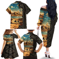 Djibouti Desert Landscape Tadjoura Family Matching Off The Shoulder Long Sleeve Dress and Hawaiian Shirt with Camel Riders and Tribal Pattern Design