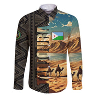 Djibouti Desert Landscape Tadjoura Family Matching Off The Shoulder Long Sleeve Dress and Hawaiian Shirt with Camel Riders and Tribal Pattern Design