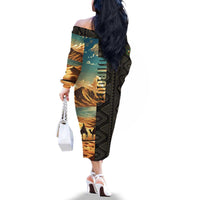 Djibouti Desert Landscape Tadjoura Family Matching Off The Shoulder Long Sleeve Dress and Hawaiian Shirt with Camel Riders and Tribal Pattern Design