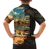 Djibouti Desert Landscape Tadjoura Family Matching Off Shoulder Maxi Dress and Hawaiian Shirt with Camel Riders and Tribal Pattern Design