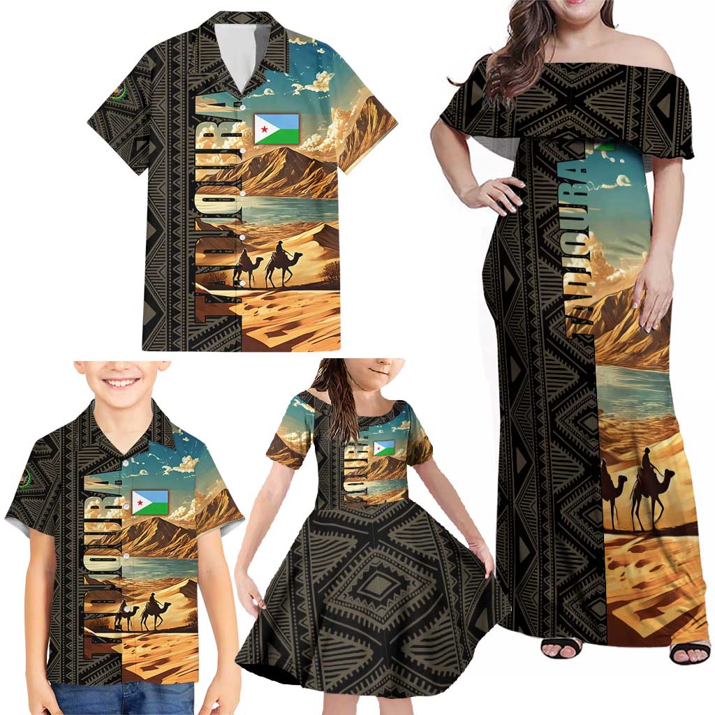 Djibouti Desert Landscape Tadjoura Family Matching Off Shoulder Maxi Dress and Hawaiian Shirt with Camel Riders and Tribal Pattern Design