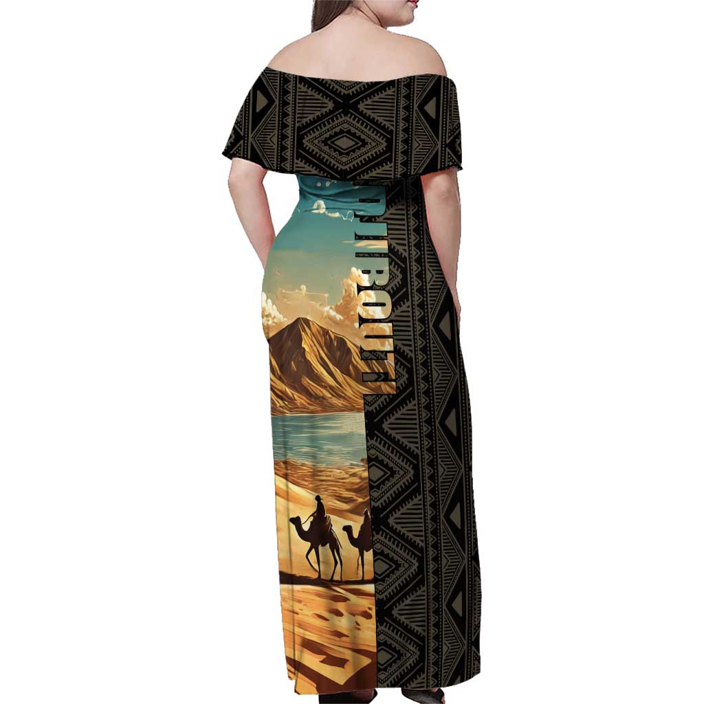 Djibouti Desert Landscape Tadjoura Family Matching Off Shoulder Maxi Dress and Hawaiian Shirt with Camel Riders and Tribal Pattern Design