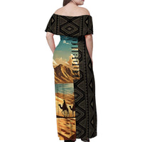 Djibouti Desert Landscape Tadjoura Family Matching Off Shoulder Maxi Dress and Hawaiian Shirt with Camel Riders and Tribal Pattern Design