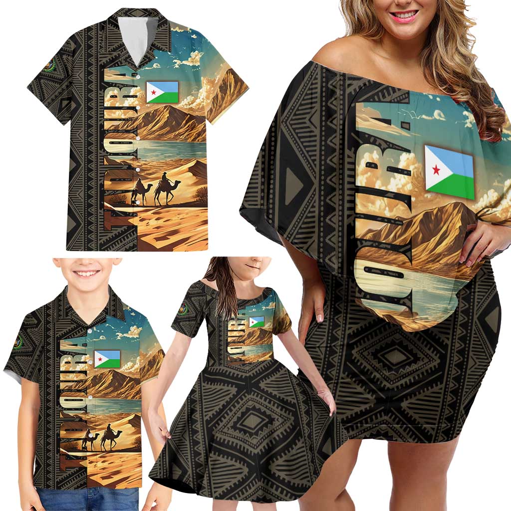 Djibouti Desert Landscape Tadjoura Family Matching Off Shoulder Short Dress and Hawaiian Shirt with Camel Riders and Tribal Pattern Design