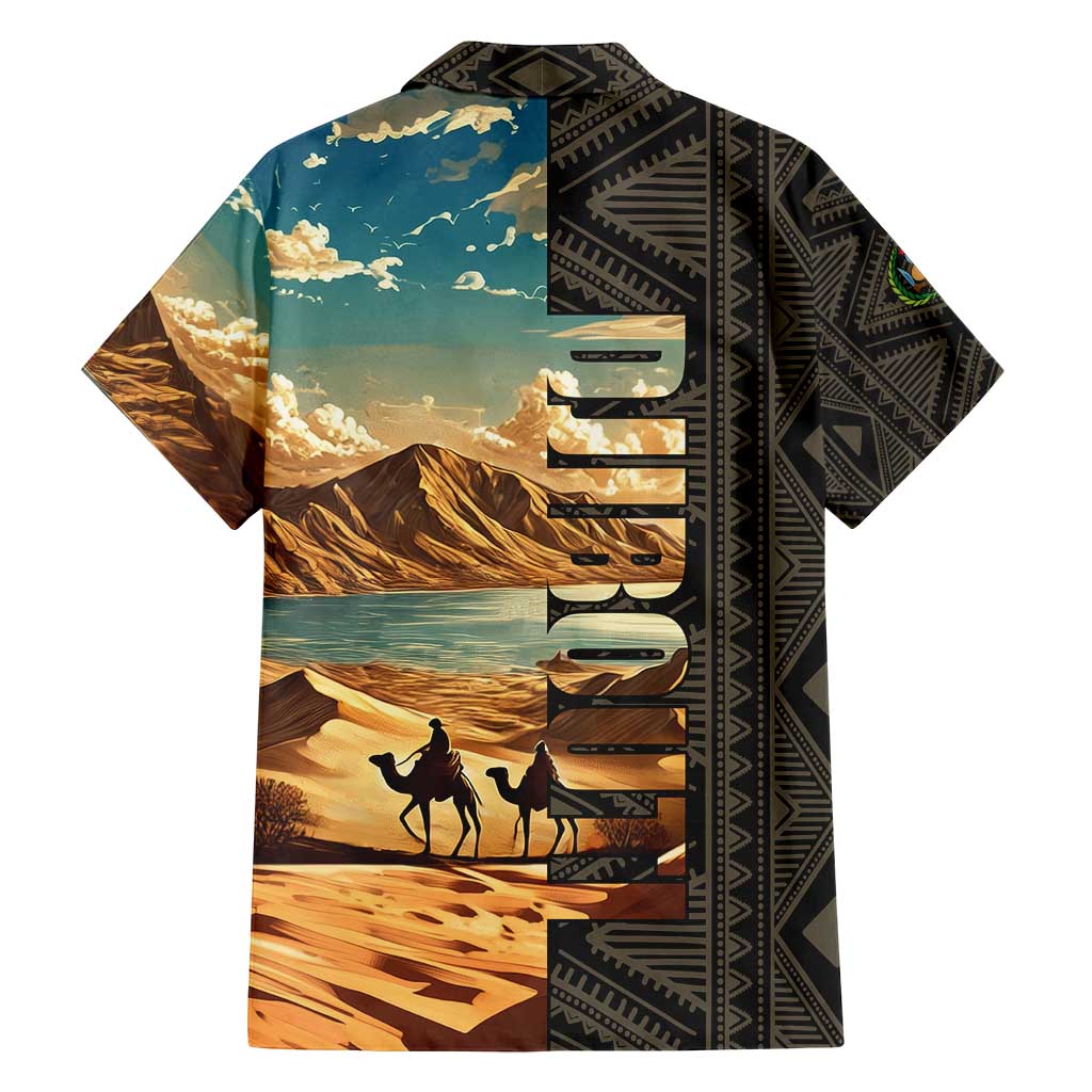 Djibouti Desert Landscape Tadjoura Family Matching Off Shoulder Short Dress and Hawaiian Shirt with Camel Riders and Tribal Pattern Design