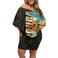 Djibouti Desert Landscape Tadjoura Family Matching Off Shoulder Short Dress and Hawaiian Shirt with Camel Riders and Tribal Pattern Design