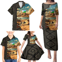 Djibouti Desert Landscape Tadjoura Family Matching Puletasi and Hawaiian Shirt with Camel Riders and Tribal Pattern Design