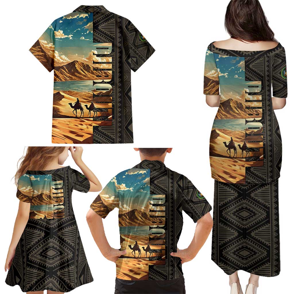Djibouti Desert Landscape Tadjoura Family Matching Puletasi and Hawaiian Shirt with Camel Riders and Tribal Pattern Design