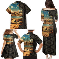 Djibouti Desert Landscape Tadjoura Family Matching Puletasi and Hawaiian Shirt with Camel Riders and Tribal Pattern Design