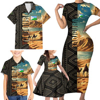 Djibouti Desert Landscape Tadjoura Family Matching Short Sleeve Bodycon Dress and Hawaiian Shirt with Camel Riders and Tribal Pattern Design