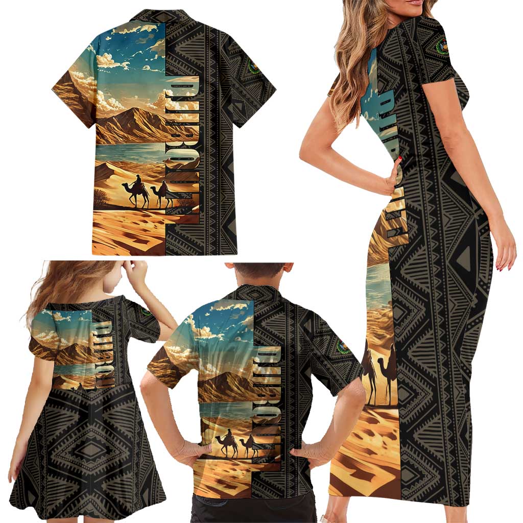 Djibouti Desert Landscape Tadjoura Family Matching Short Sleeve Bodycon Dress and Hawaiian Shirt with Camel Riders and Tribal Pattern Design