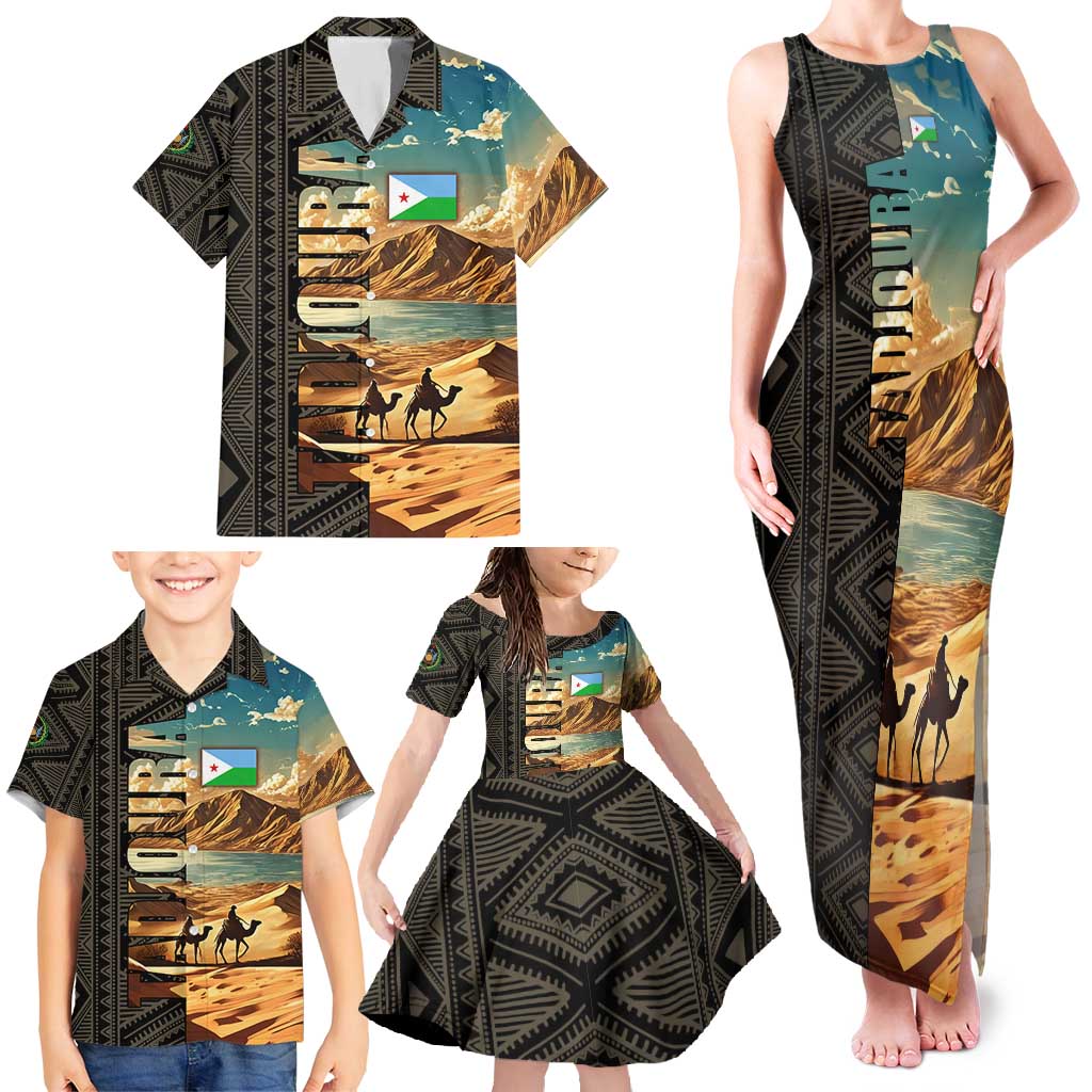 Djibouti Desert Landscape Tadjoura Family Matching Tank Maxi Dress and Hawaiian Shirt with Camel Riders and Tribal Pattern Design