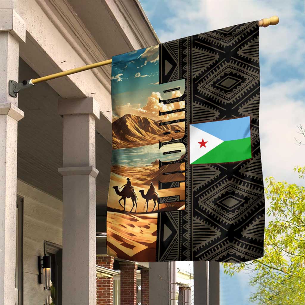 Djibouti Desert Landscape Tadjoura Garden Flag with Camel Riders and Tribal Pattern Design