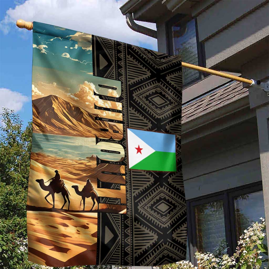 Djibouti Desert Landscape Tadjoura Garden Flag with Camel Riders and Tribal Pattern Design