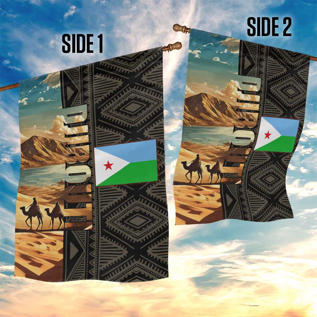 Djibouti Desert Landscape Tadjoura Garden Flag with Camel Riders and Tribal Pattern Design
