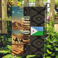 Djibouti Desert Landscape Tadjoura Garden Flag with Camel Riders and Tribal Pattern Design