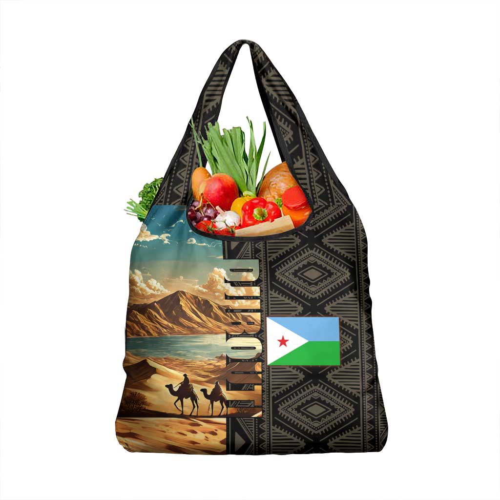 Djibouti Desert Landscape Tadjoura Grocery Bag with Camel Riders and Tribal Pattern Design