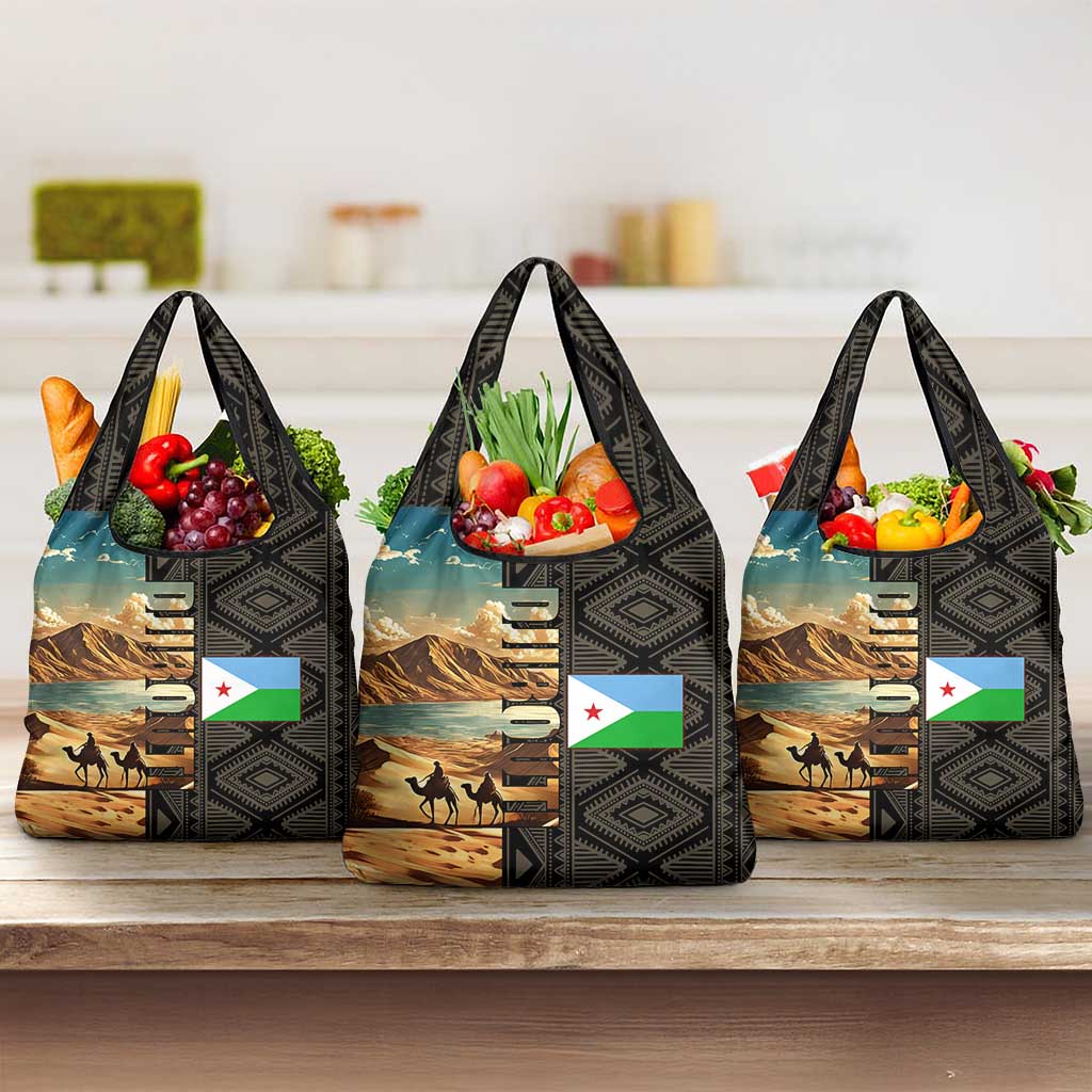 Djibouti Desert Landscape Tadjoura Grocery Bag with Camel Riders and Tribal Pattern Design