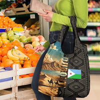 Djibouti Desert Landscape Tadjoura Grocery Bag with Camel Riders and Tribal Pattern Design
