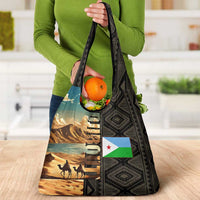 Djibouti Desert Landscape Tadjoura Grocery Bag with Camel Riders and Tribal Pattern Design