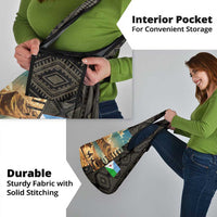 Djibouti Desert Landscape Tadjoura Grocery Bag with Camel Riders and Tribal Pattern Design