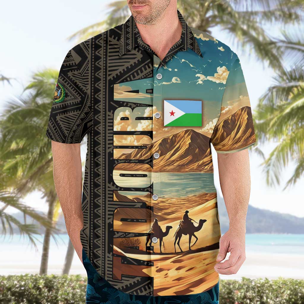 Djibouti Desert Landscape Tadjoura Hawaiian Shirt with Camel Riders and Tribal Pattern Design