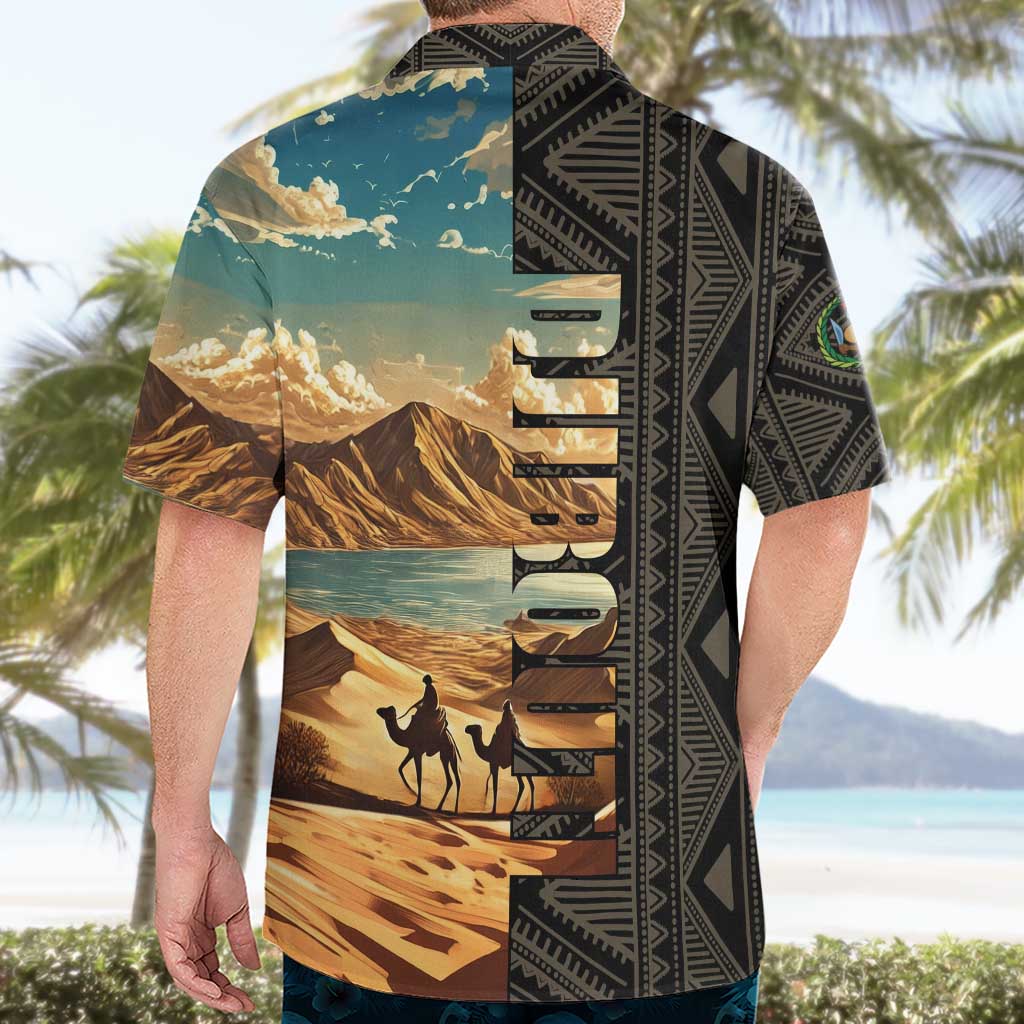Djibouti Desert Landscape Tadjoura Hawaiian Shirt with Camel Riders and Tribal Pattern Design