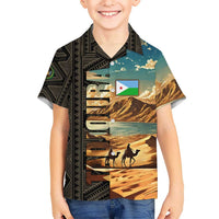 Djibouti Desert Landscape Tadjoura Hawaiian Shirt with Camel Riders and Tribal Pattern Design