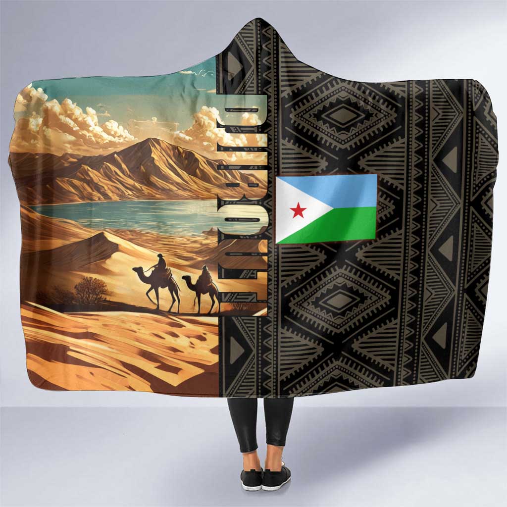 Djibouti Desert Landscape Tadjoura Hooded Blanket with Camel Riders and Tribal Pattern Design