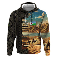 Djibouti Desert Landscape Tadjoura Hoodie with Camel Riders and Tribal Pattern Design