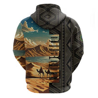 Djibouti Desert Landscape Tadjoura Hoodie with Camel Riders and Tribal Pattern Design