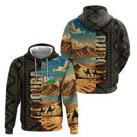 Djibouti Desert Landscape Tadjoura Hoodie with Camel Riders and Tribal Pattern Design