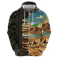 Djibouti Desert Landscape Tadjoura Hoodie with Camel Riders and Tribal Pattern Design