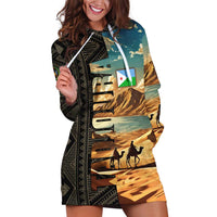 Djibouti Desert Landscape Tadjoura Hoodie Dress with Camel Riders and Tribal Pattern Design