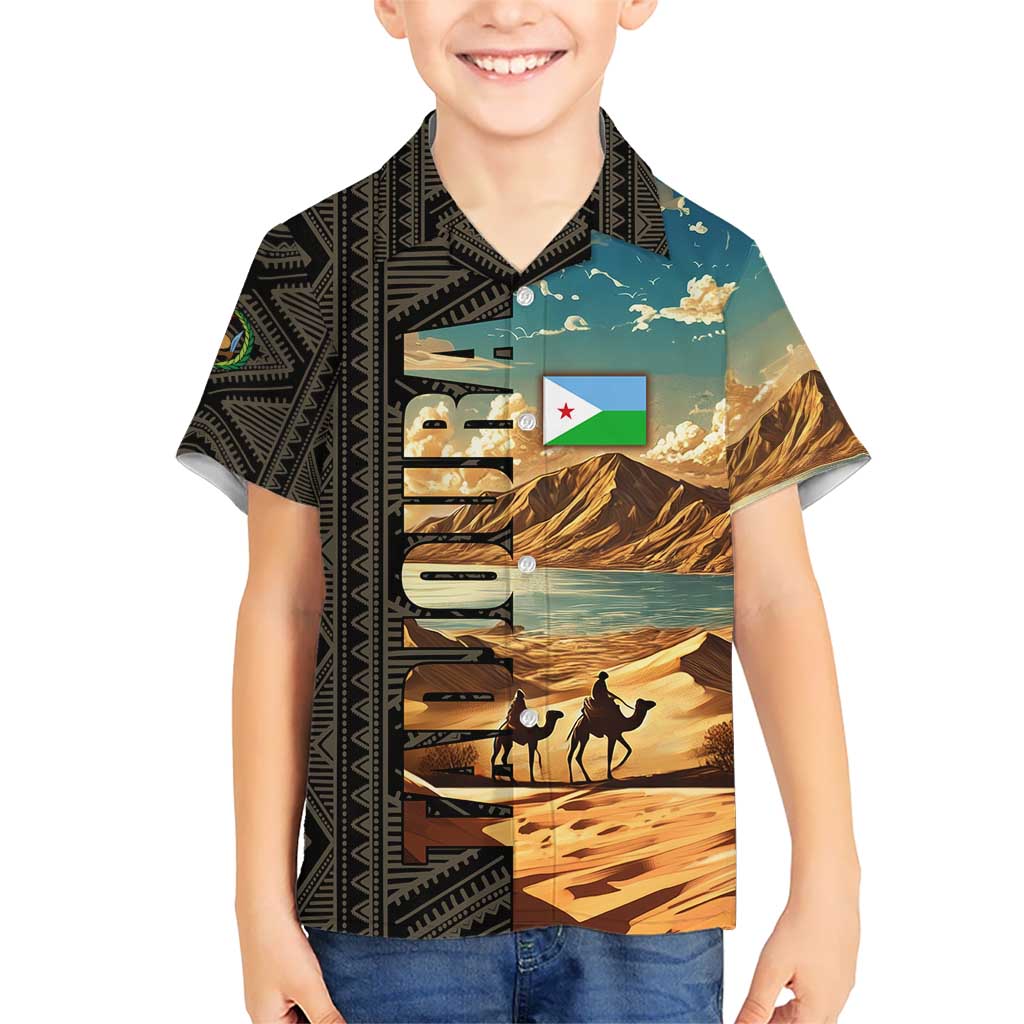 Djibouti Desert Landscape Tadjoura Kid Hawaiian Shirt with Camel Riders and Tribal Pattern Design