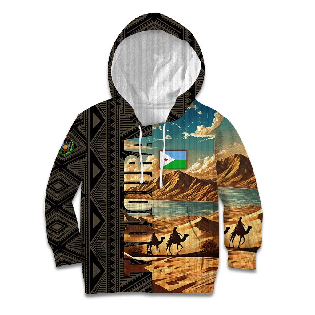 Djibouti Desert Landscape Tadjoura Kid Hoodie with Camel Riders and Tribal Pattern Design