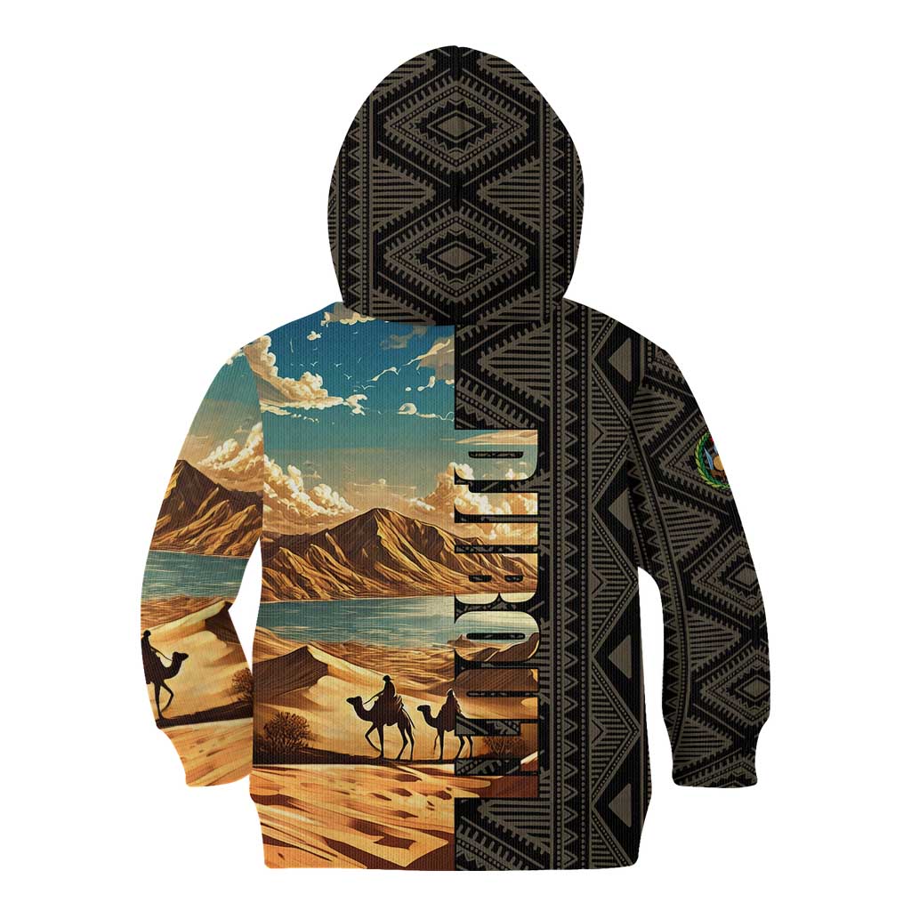 Djibouti Desert Landscape Tadjoura Kid Hoodie with Camel Riders and Tribal Pattern Design