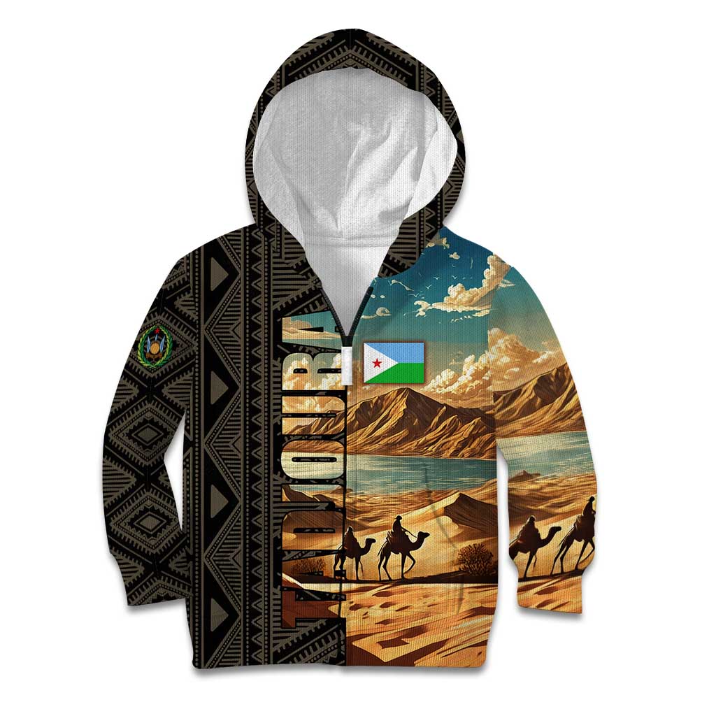 Djibouti Desert Landscape Tadjoura Kid Hoodie with Camel Riders and Tribal Pattern Design