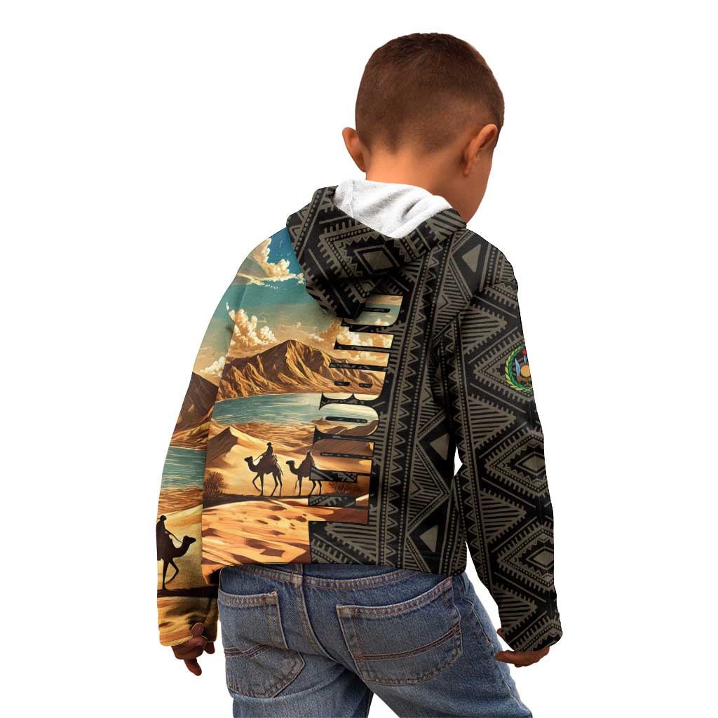 Djibouti Desert Landscape Tadjoura Kid Hoodie with Camel Riders and Tribal Pattern Design