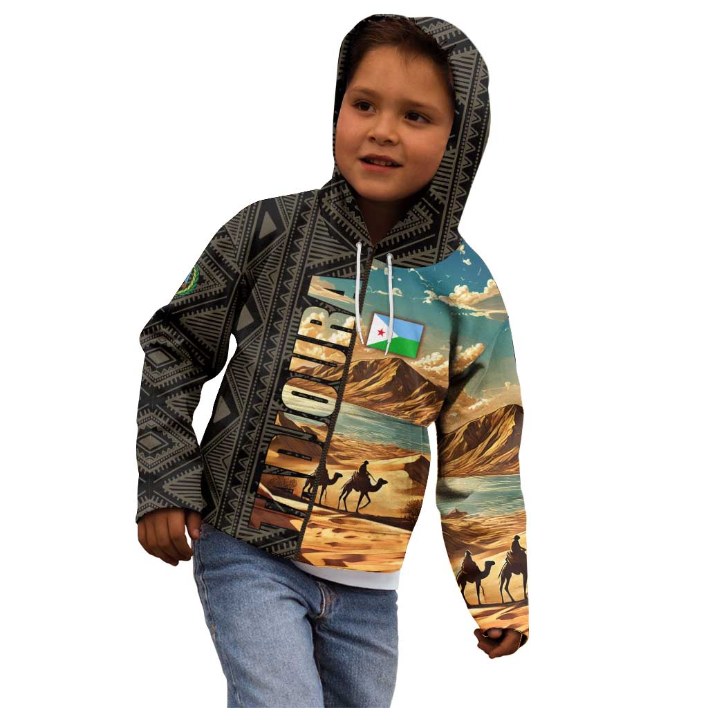 Djibouti Desert Landscape Tadjoura Kid Hoodie with Camel Riders and Tribal Pattern Design